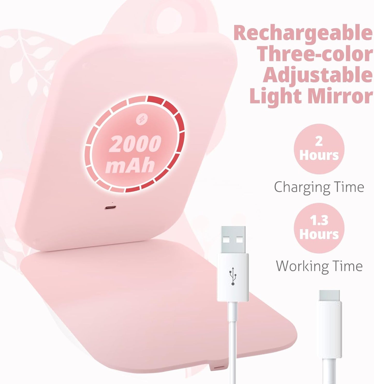 Travel Makeup Mirror Battery-Powered, 3 Adjustable Light Settings Usb-Rechargeable