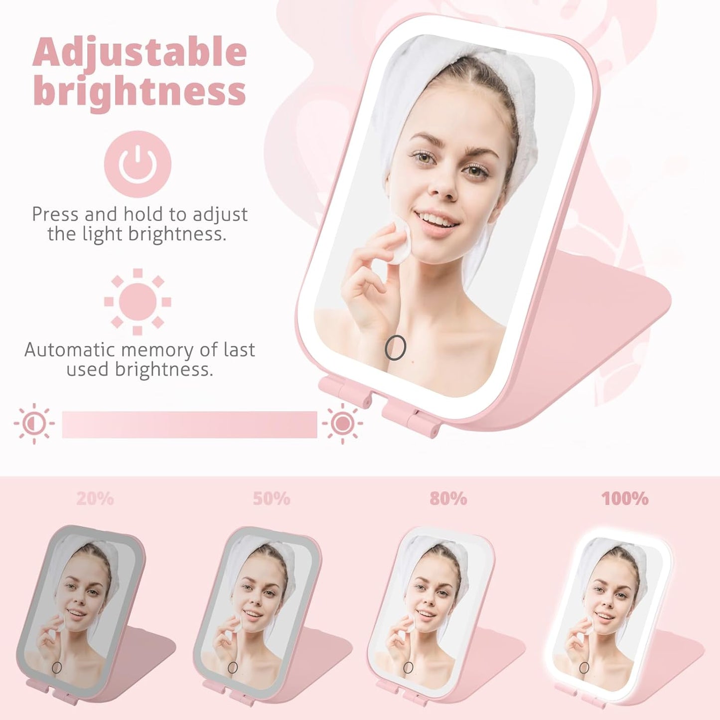 Travel Makeup Mirror Battery-Powered, 3 Adjustable Light Settings Usb-Rechargeable