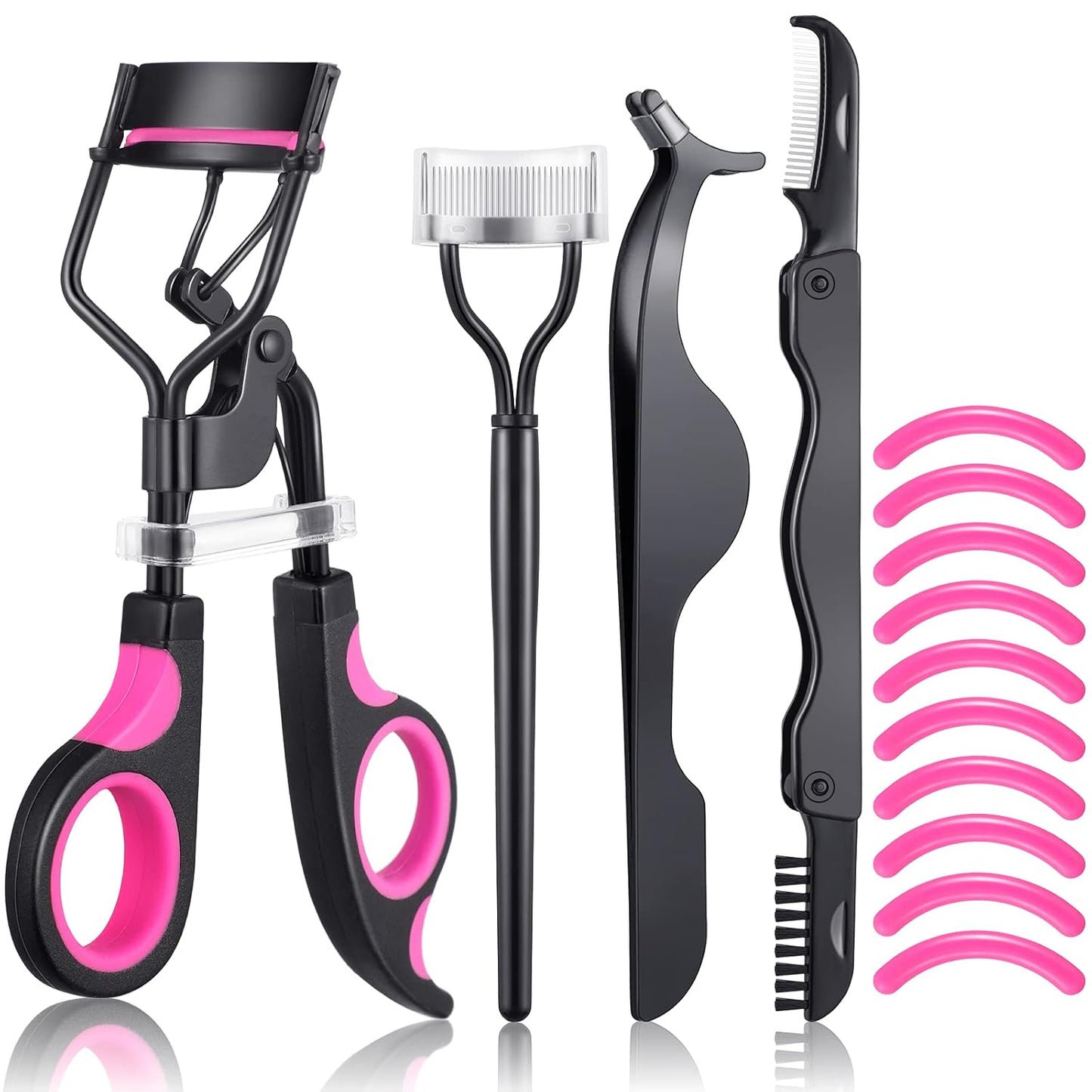 5 Pieces Eyelash Curler Set Include Eyelash Curlers with 10 Pieces Eyelash Curler Refill Pads Eyelash Comb Eyebrow Brush Eyelash Tweezers False Eyelashes Applicator Tool for Women (Rose Gold, Black)