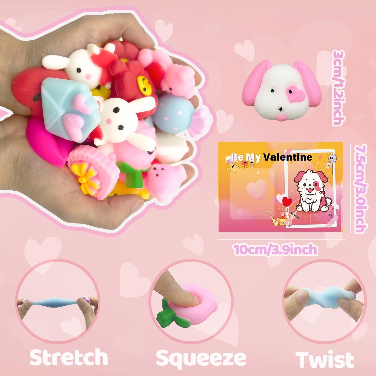28 Pack Valentines Day Gifts for Kids, Valentines Mochi Squishies Toys with Valentines Cards for Kids Boys Girls Squishy Stress Relief Toys Party Favors School Classroom Exchange Prizes