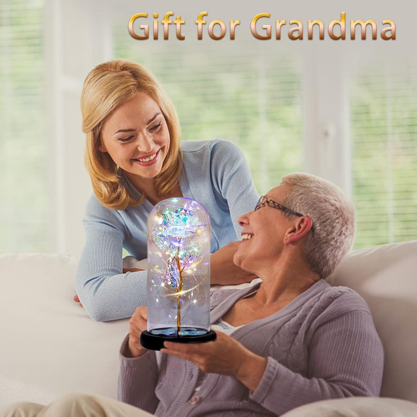 Glass Rose Gifts for Mom/Grandma/Wife, with Greeting Card, Colorful Light up Eternal Rose in a Glass Dome