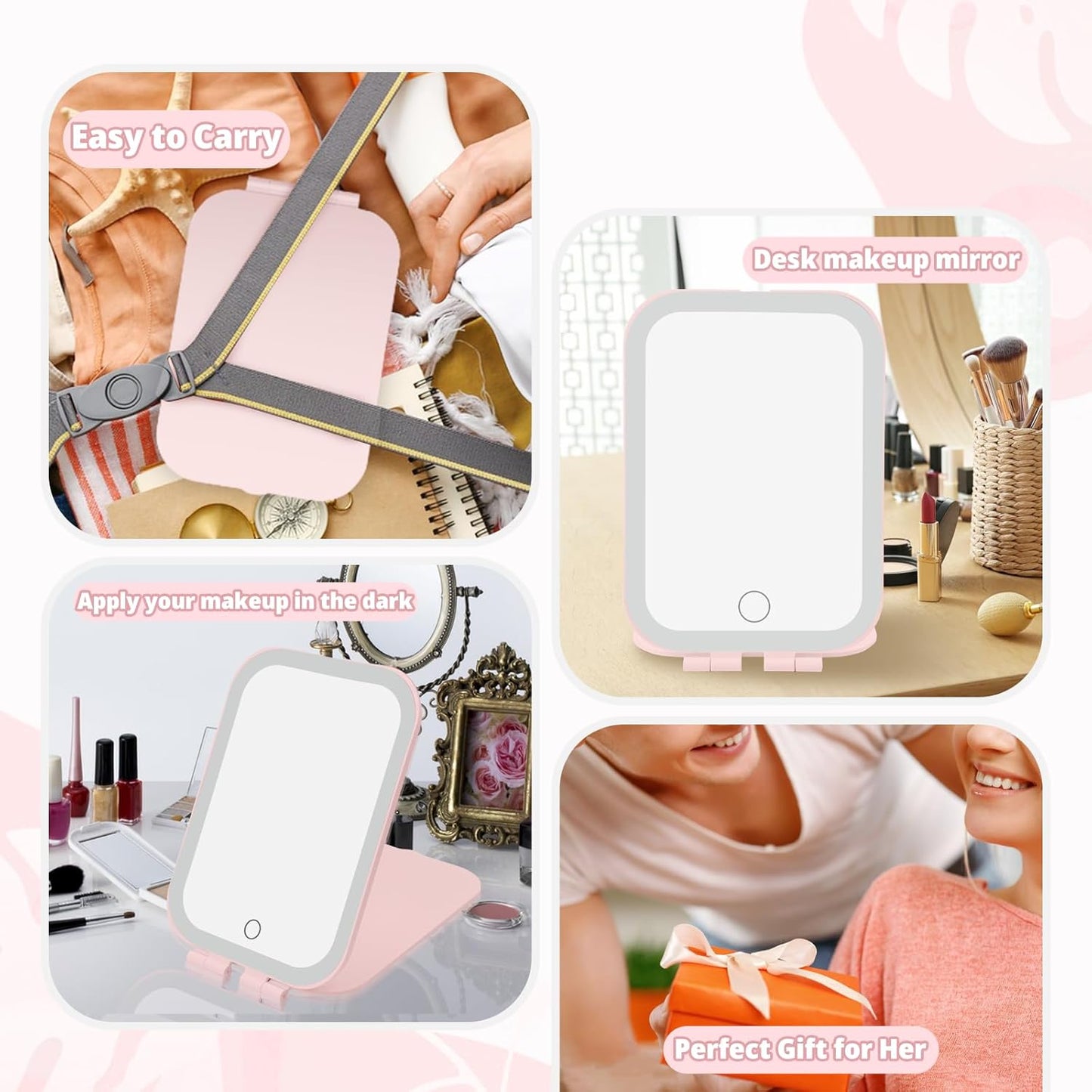 Travel Makeup Mirror Battery-Powered, 3 Adjustable Light Settings Usb-Rechargeable