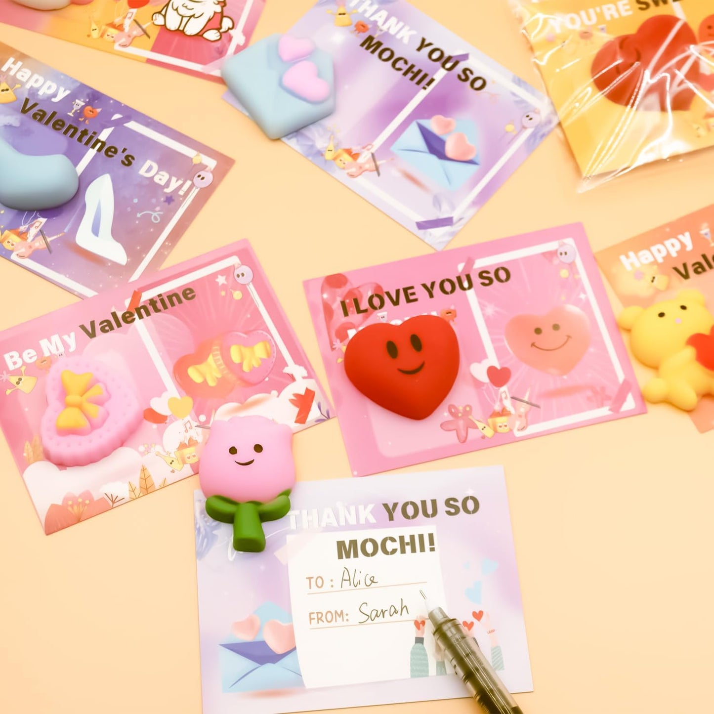28 Pack Valentines Day Gifts for Kids, Valentines Mochi Squishies Toys with Valentines Cards for Kids Boys Girls Squishy Stress Relief Toys Party Favors School Classroom Exchange Prizes