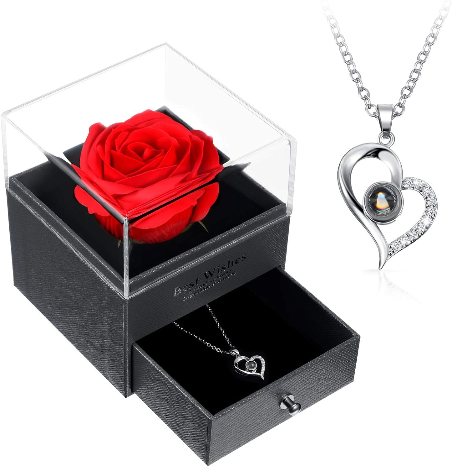 Valentine'S Day Gift for Girlfriend I Love You in 100 Languages Projection Necklace with Preserved Red Real Rose Flowers in Box for Women Mom Wife on Mother'S Day, Anniversary