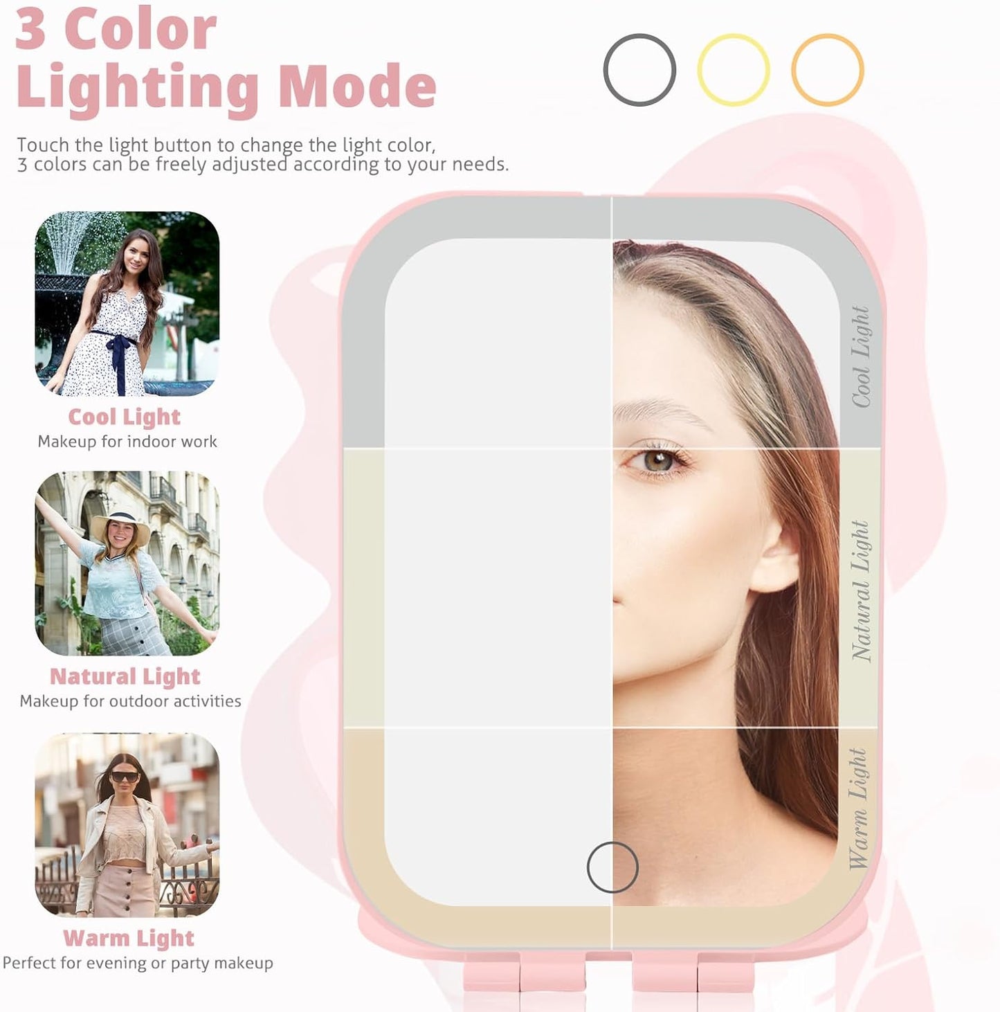 Travel Makeup Mirror Battery-Powered, 3 Adjustable Light Settings Usb-Rechargeable