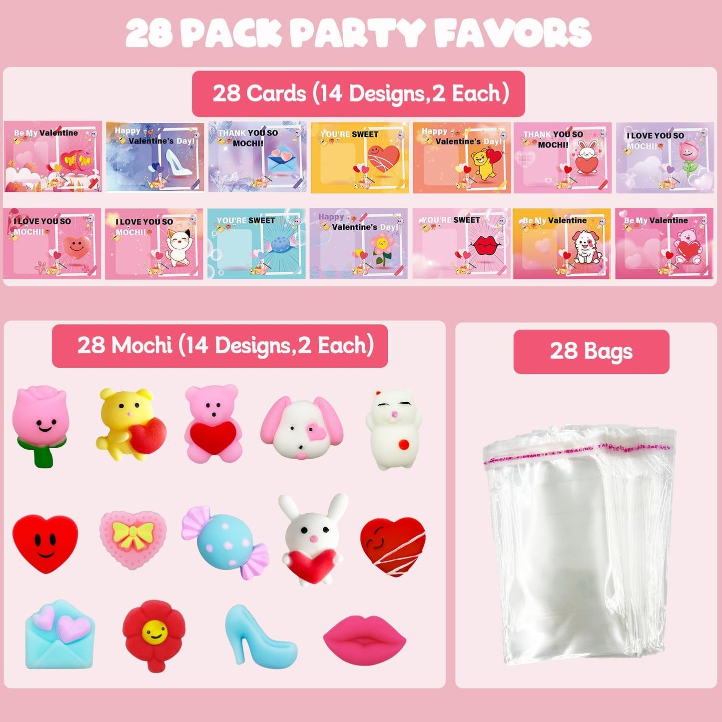 28 Pack Valentines Day Gifts for Kids, Valentines Mochi Squishies Toys with Valentines Cards for Kids Boys Girls Squishy Stress Relief Toys Party Favors School Classroom Exchange Prizes