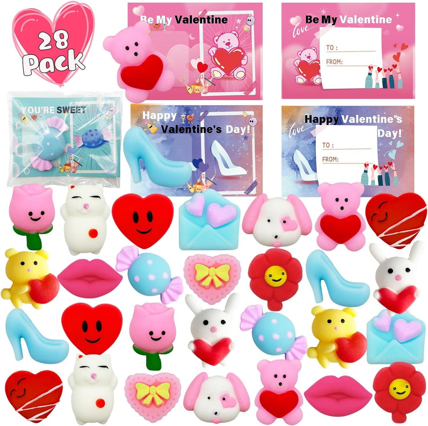 28 Pack Valentines Day Gifts for Kids, Valentines Mochi Squishies Toys with Valentines Cards for Kids Boys Girls Squishy Stress Relief Toys Party Favors School Classroom Exchange Prizes