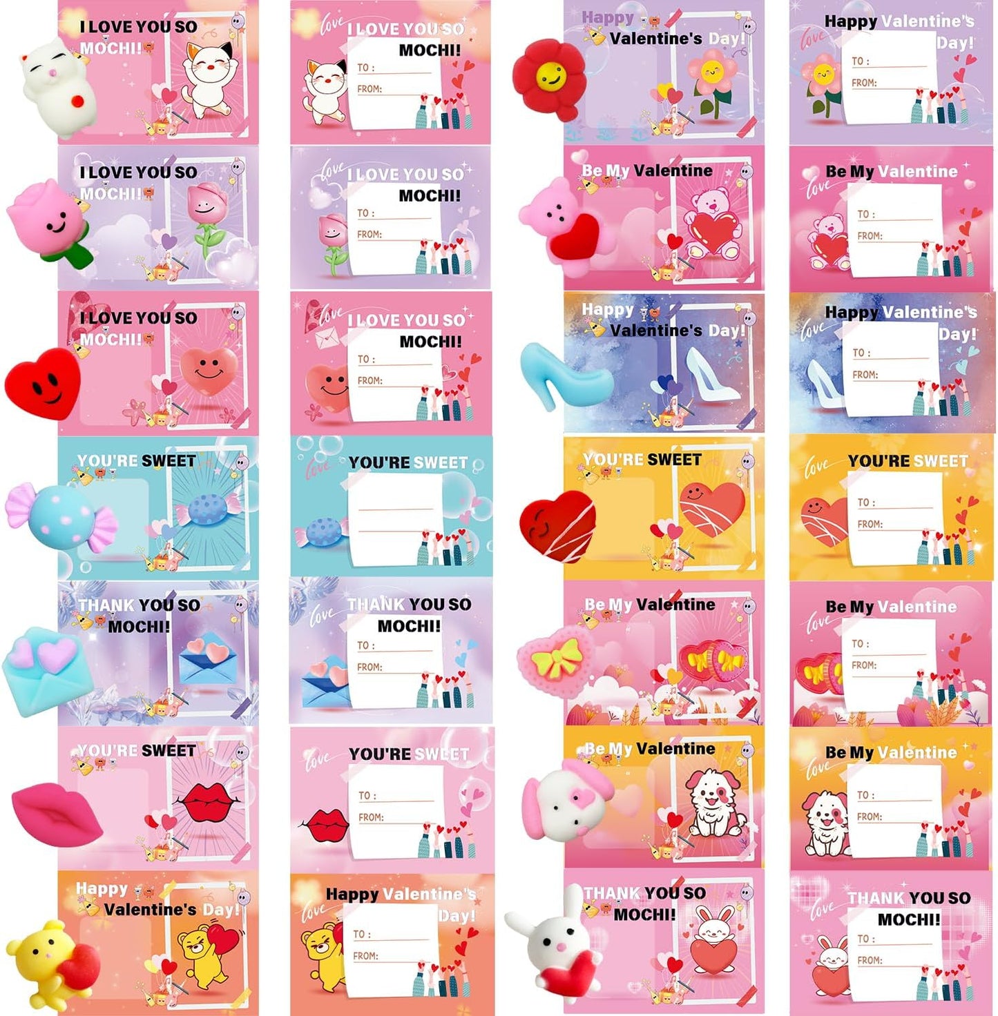 28 Pack Valentines Day Gifts for Kids, Valentines Mochi Squishies Toys with Valentines Cards for Kids Boys Girls Squishy Stress Relief Toys Party Favors School Classroom Exchange Prizes