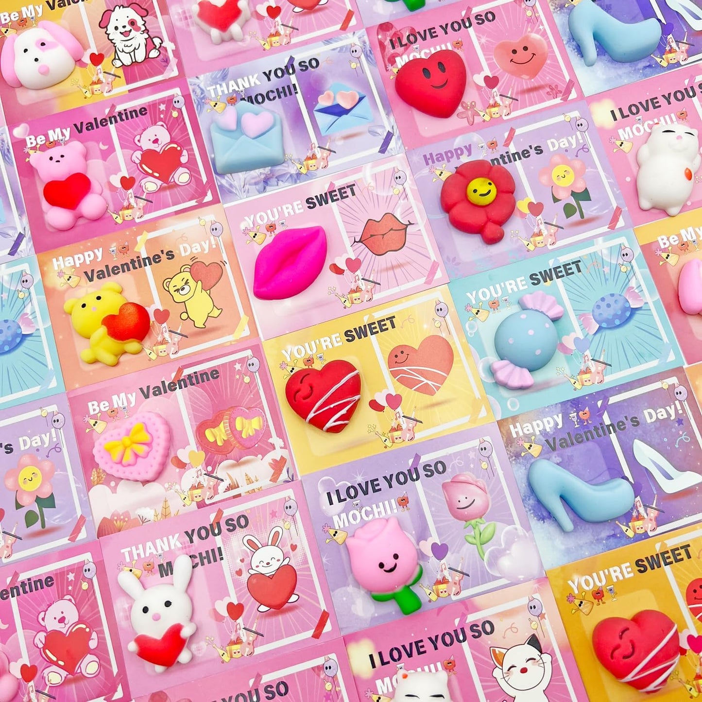 28 Pack Valentines Day Gifts for Kids, Valentines Mochi Squishies Toys with Valentines Cards for Kids Boys Girls Squishy Stress Relief Toys Party Favors School Classroom Exchange Prizes