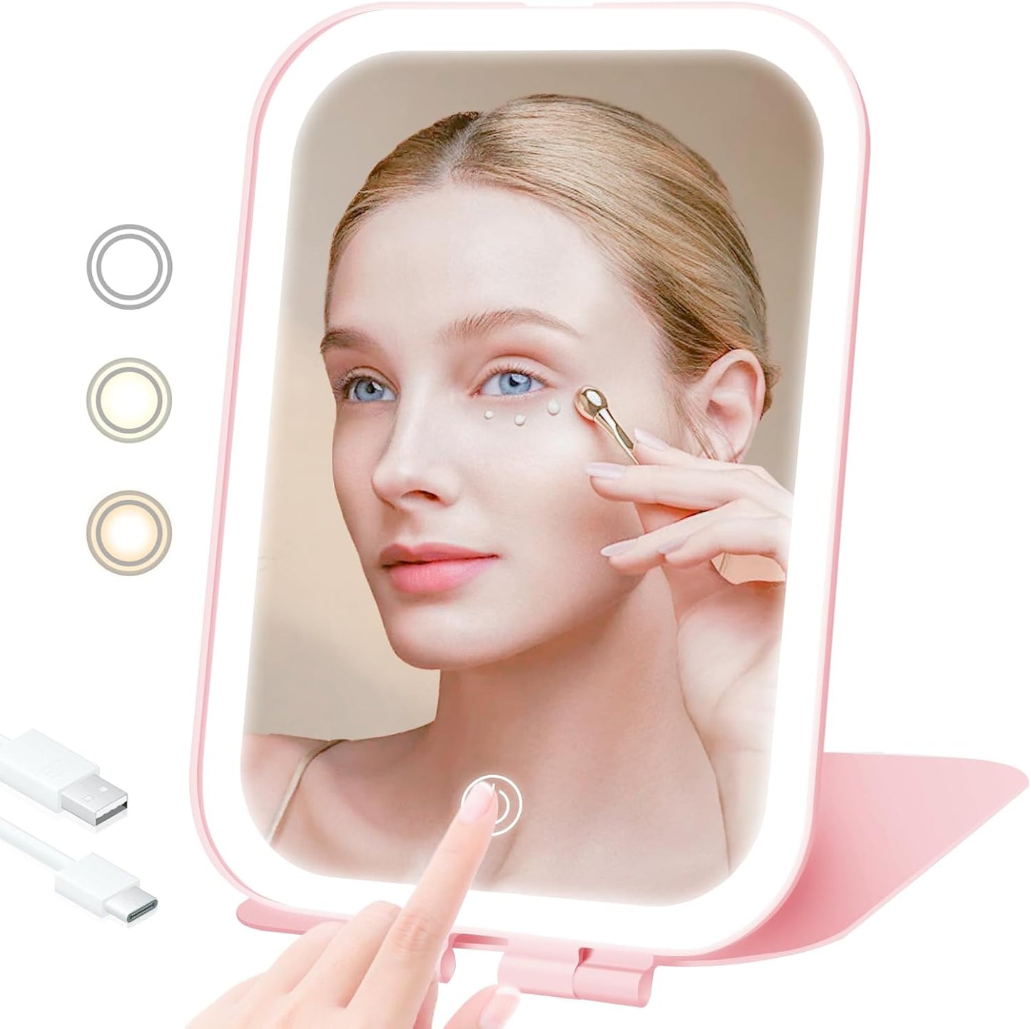Travel Makeup Mirror Battery-Powered, 3 Adjustable Light Settings Usb-Rechargeable