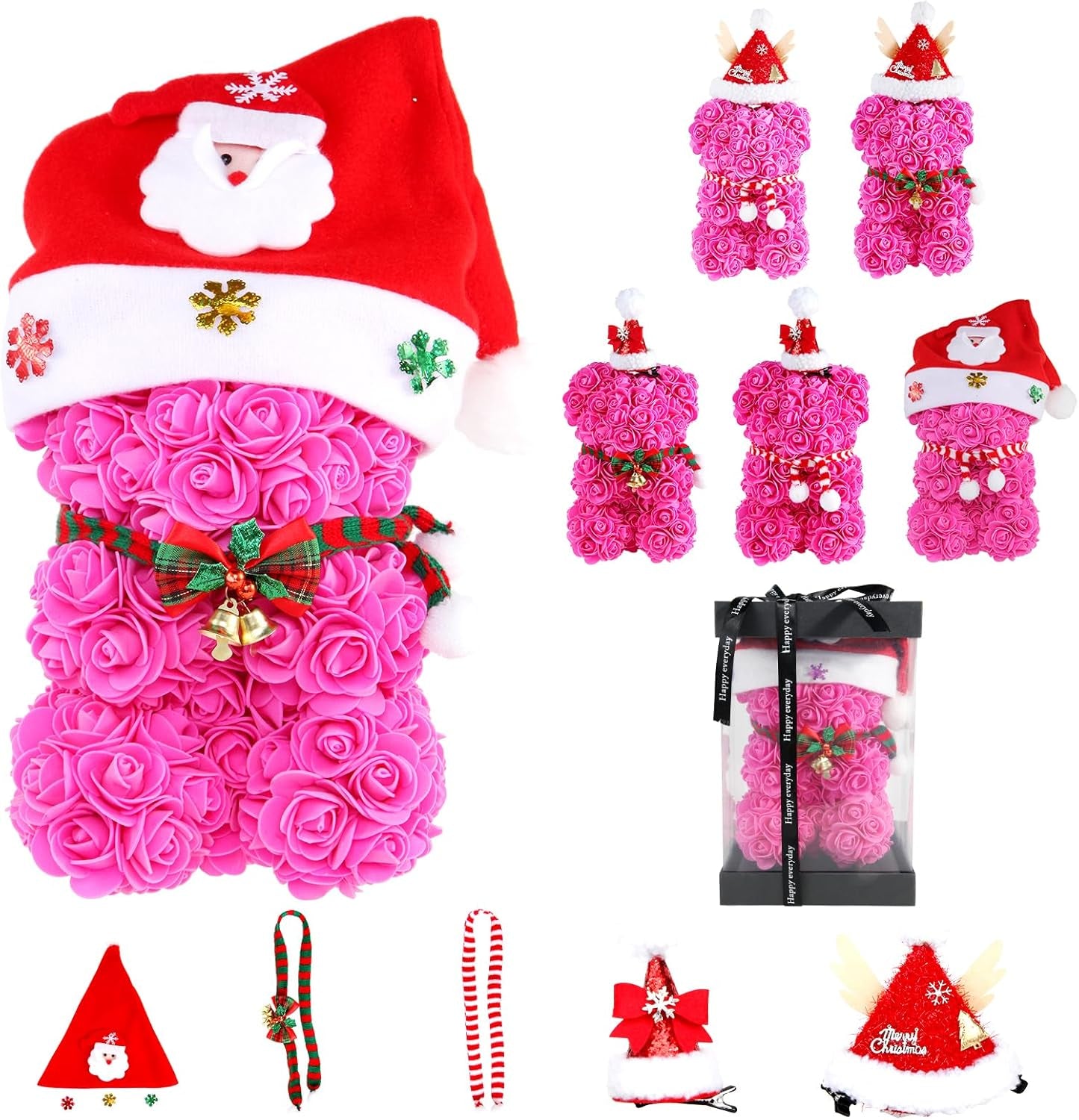 Rose Bear,Dress-Up Set with 3 Hats and 2 Scarf,Artificial Flower Teddy Bear Xmas Gift,Valentine'S Day Gift