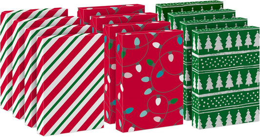  Christmas Gift Boxes with Lids (12 Shirt Boxes, 3 Designs: Lights, Trees, Red and Green Stripes) for Christmas, Holiday Parties, Hostess Gifts