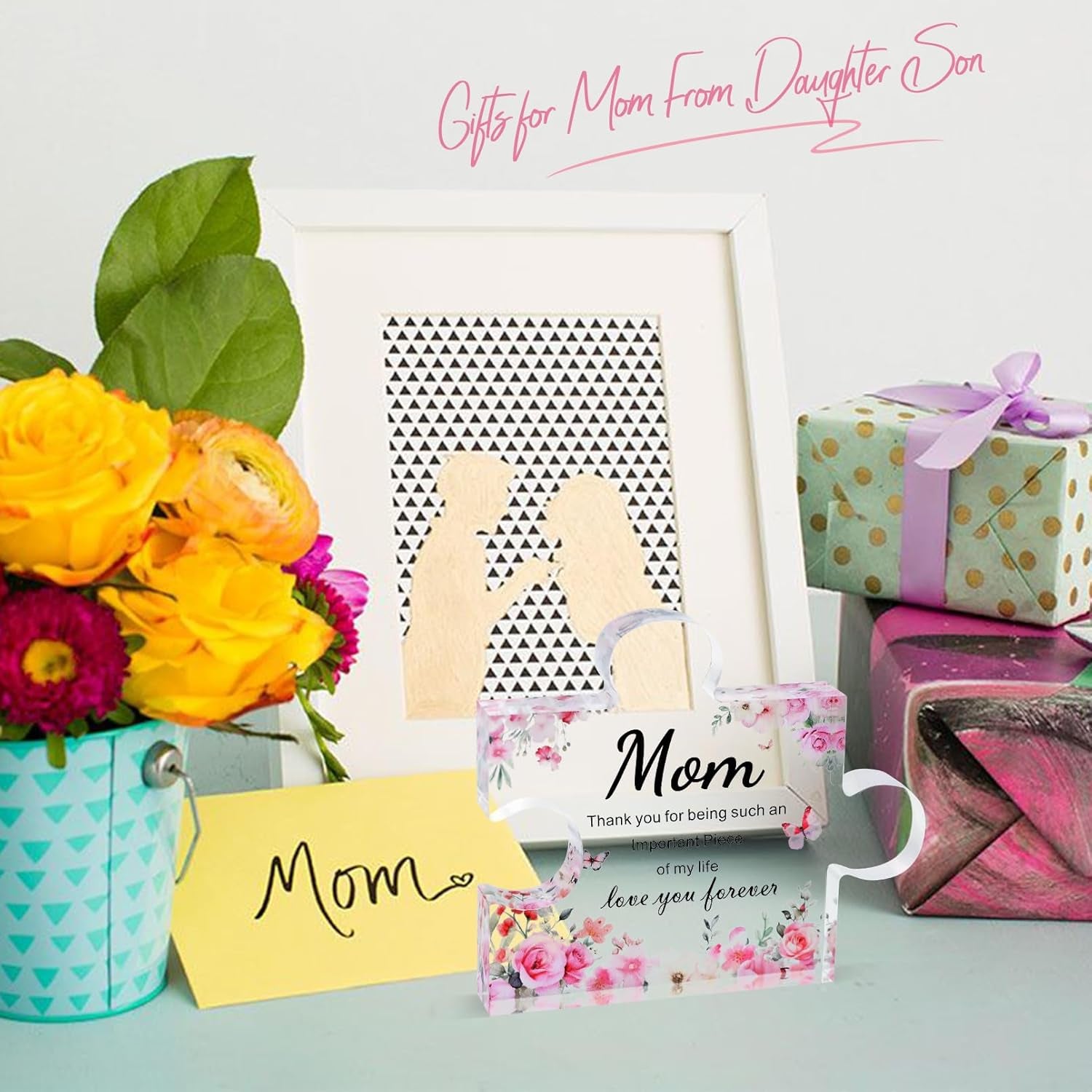 Gifts for Mom Christmas, Mom Birthday Gifts, Mom Gifts from Daughter Son, Decorative Acrylic Block Puzzle 3.9X3.3 Inch - Mom Birthday Gifts Mom Birthday Card for Mom, Cool Mom Ideas