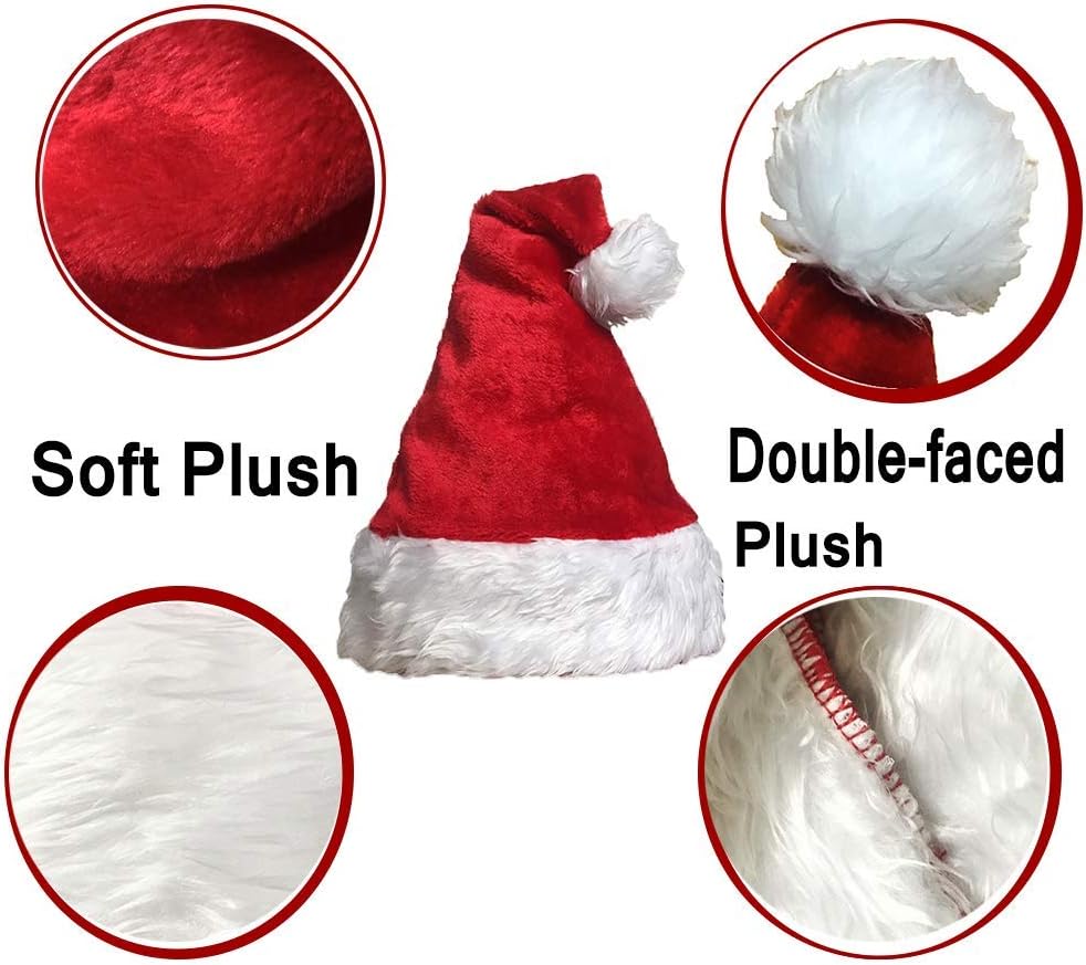 4 Pack Plush Santa Hats, Christmas Santa Hats for Christmas Party, Adult Size Christmas Holiday Hat for Unisex Kids Party Supplies