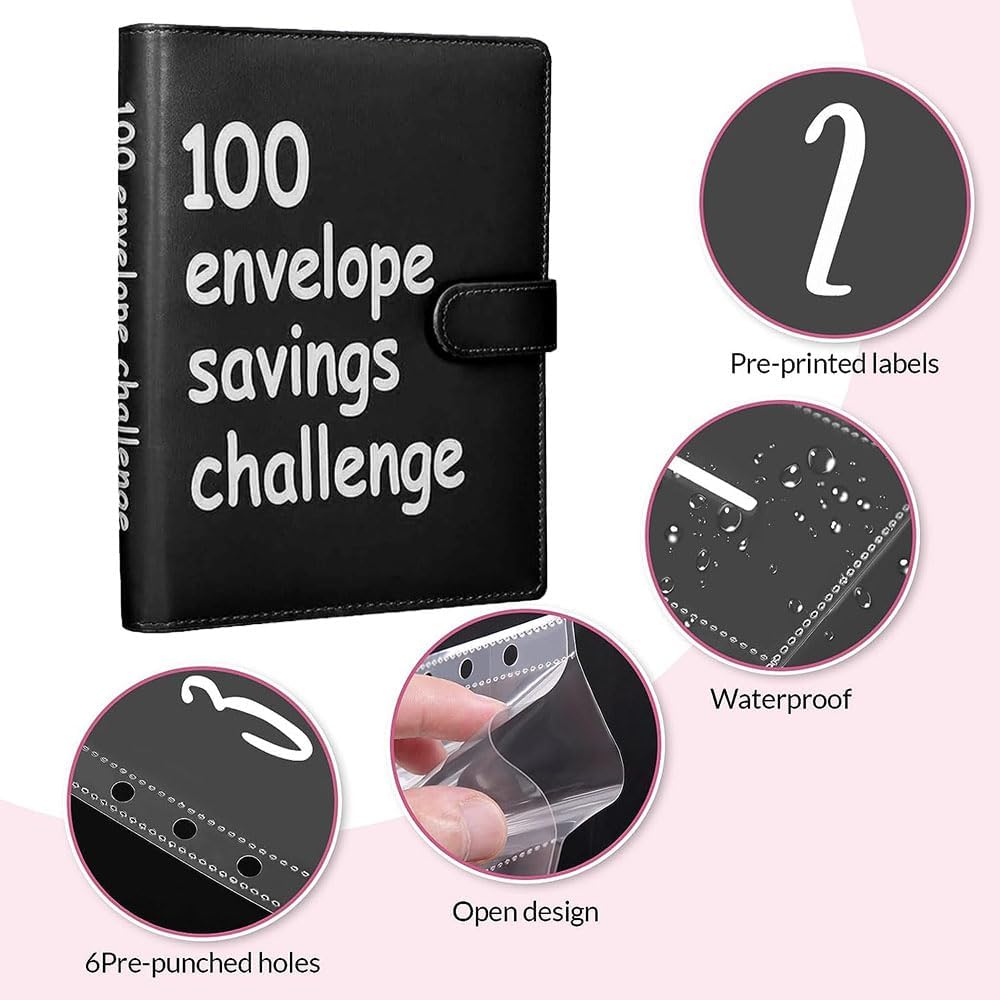 100 Envelopes Money Saving Challenge, 100 Envelope Challenge Binder, Easy and Fun Way to save $5,050, Savings Challenges Budget Book Binder with Cash Envelopes for Office,Home,School 