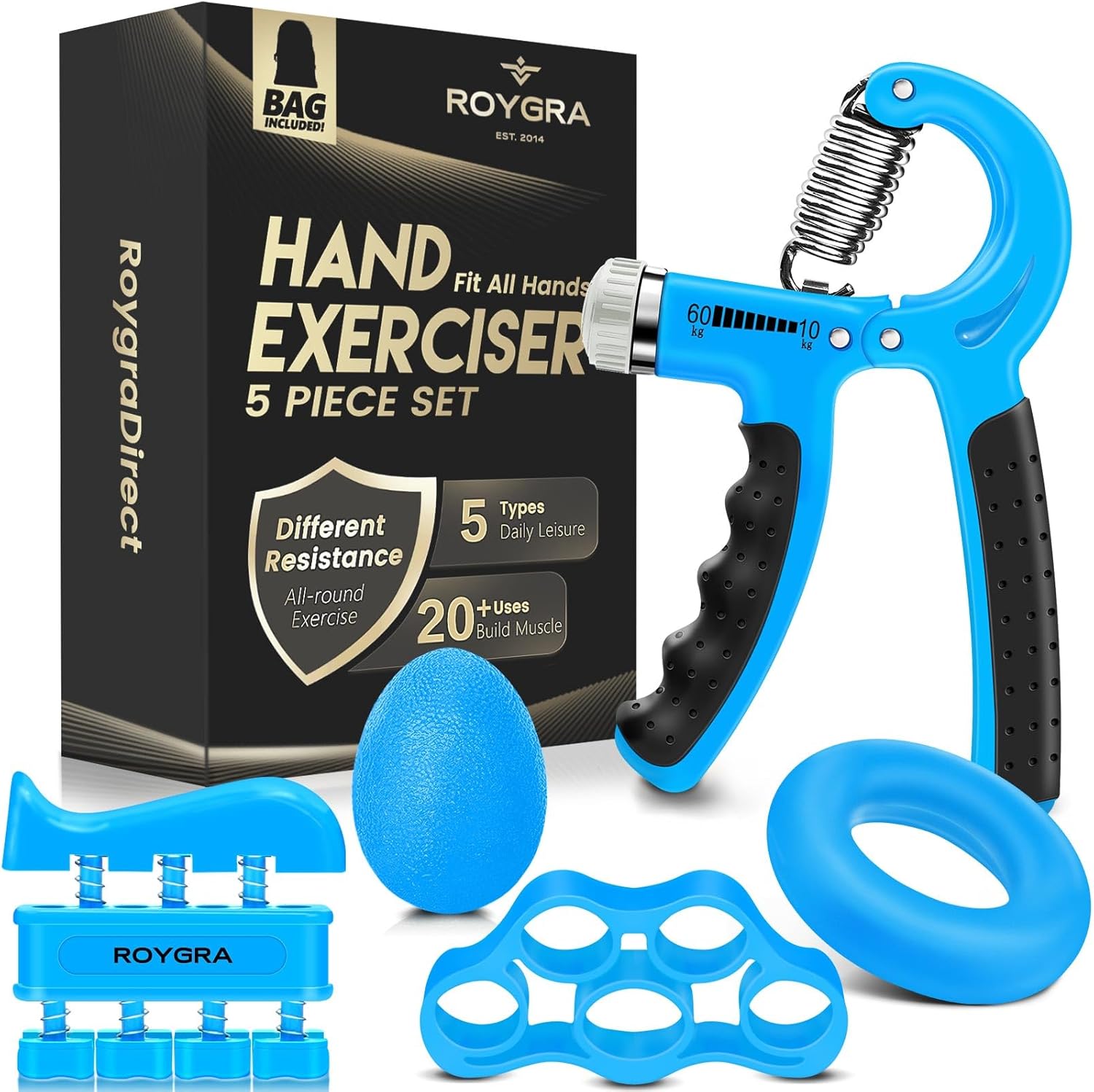 Hand Grip Strengthener, Adjustable Grip Strength Trainer with 4 Exercise Tools - Set of 5