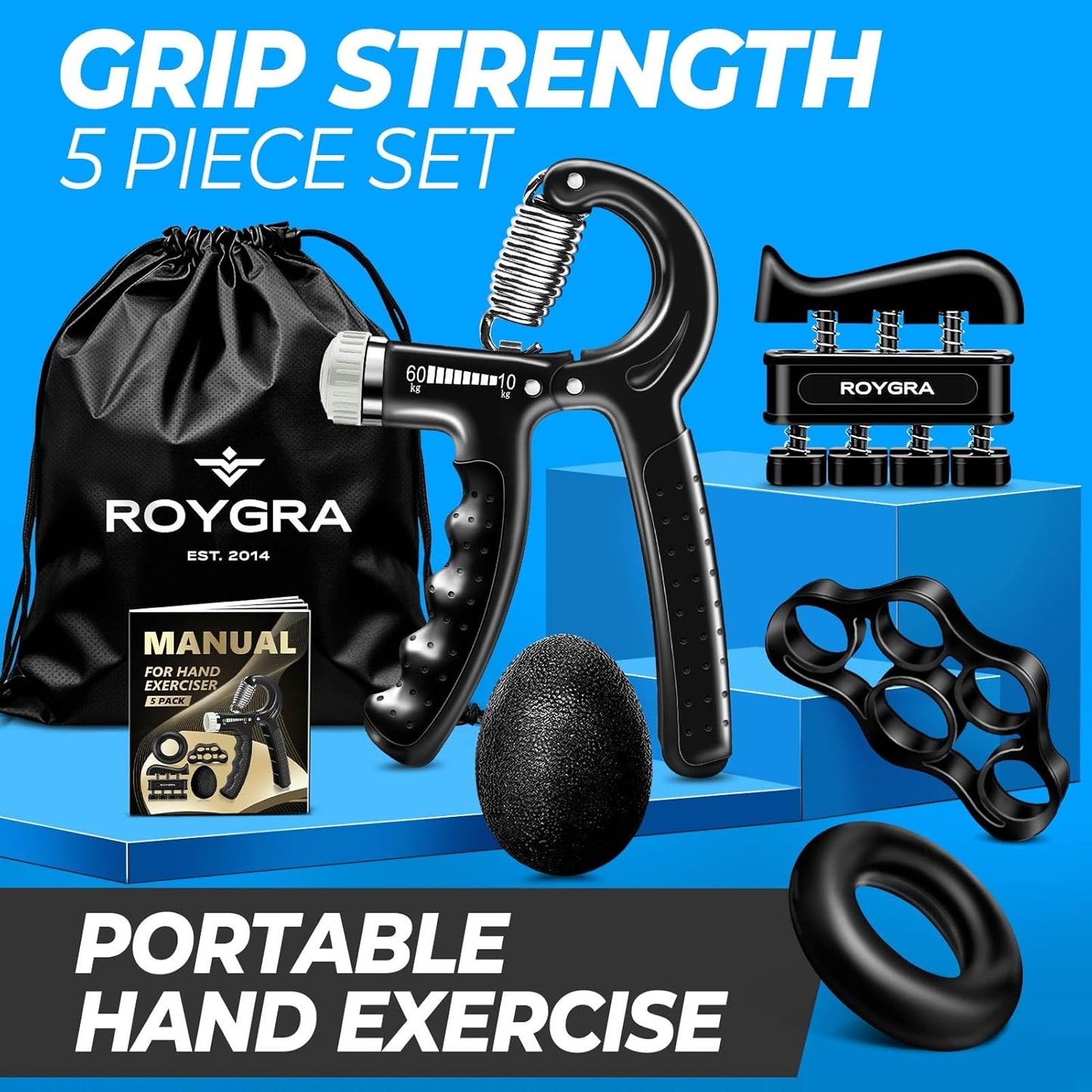 Hand Grip Strengthener, Adjustable Grip Strength Trainer with 4 Exercise Tools - Set of 5