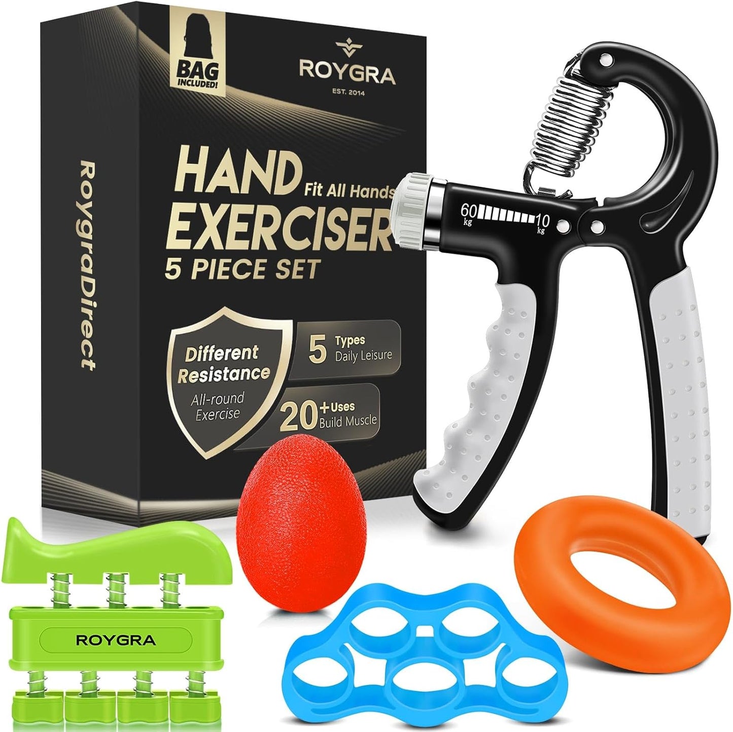 Hand Grip Strengthener, Adjustable Grip Strength Trainer with 4 Exercise Tools - Set of 5