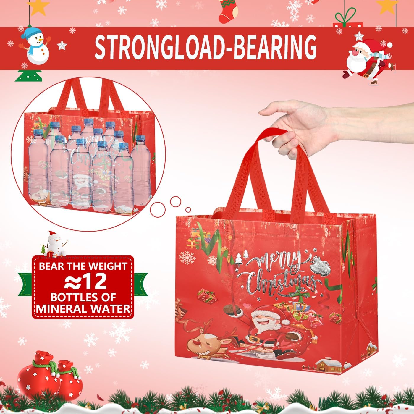 12 Pack Large Christmas Gift Bags,Reusable Christmas Tote Bags with Handles,12.6"X9.8"X6.7" Holiday Gift Bag for Xmas Party Favor