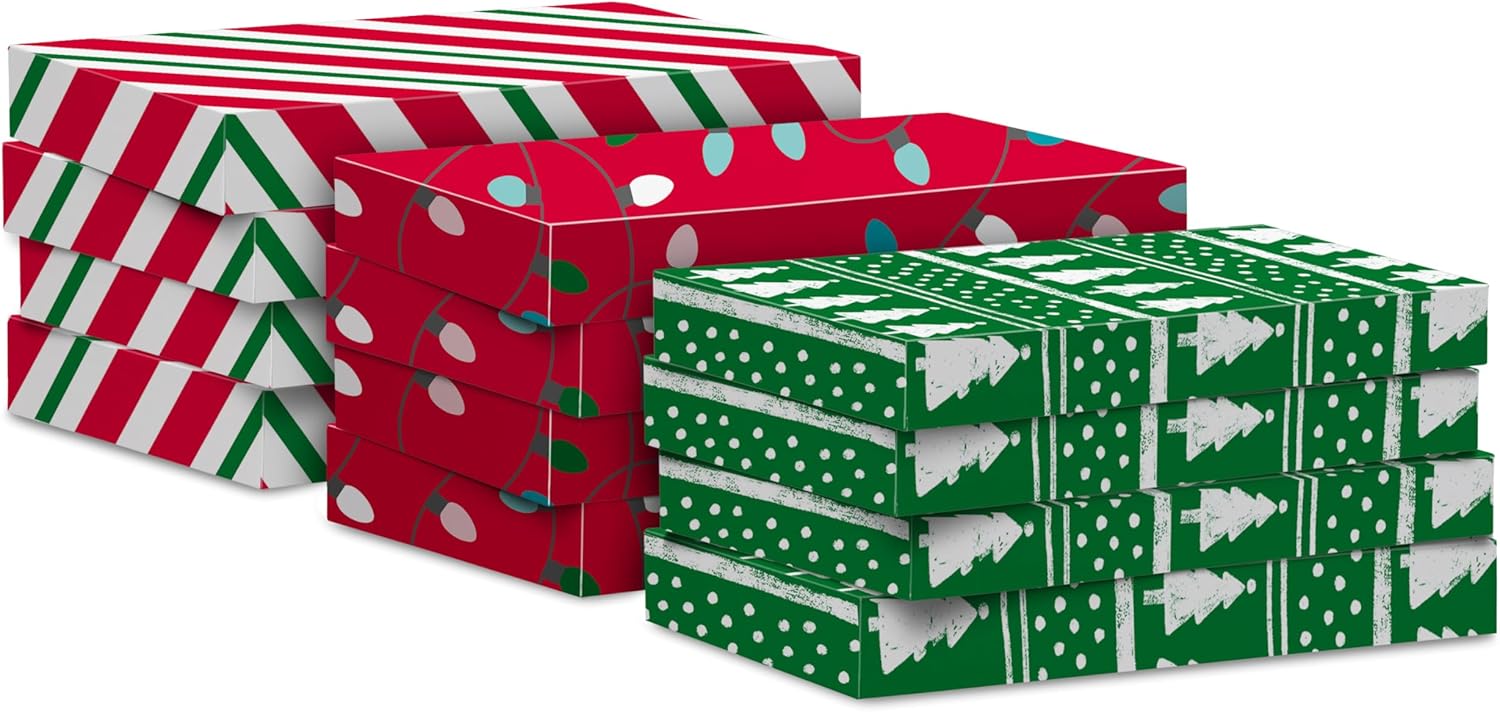  Christmas Gift Boxes with Lids (12 Shirt Boxes, 3 Designs: Lights, Trees, Red and Green Stripes) for Christmas, Holiday Parties, Hostess Gifts