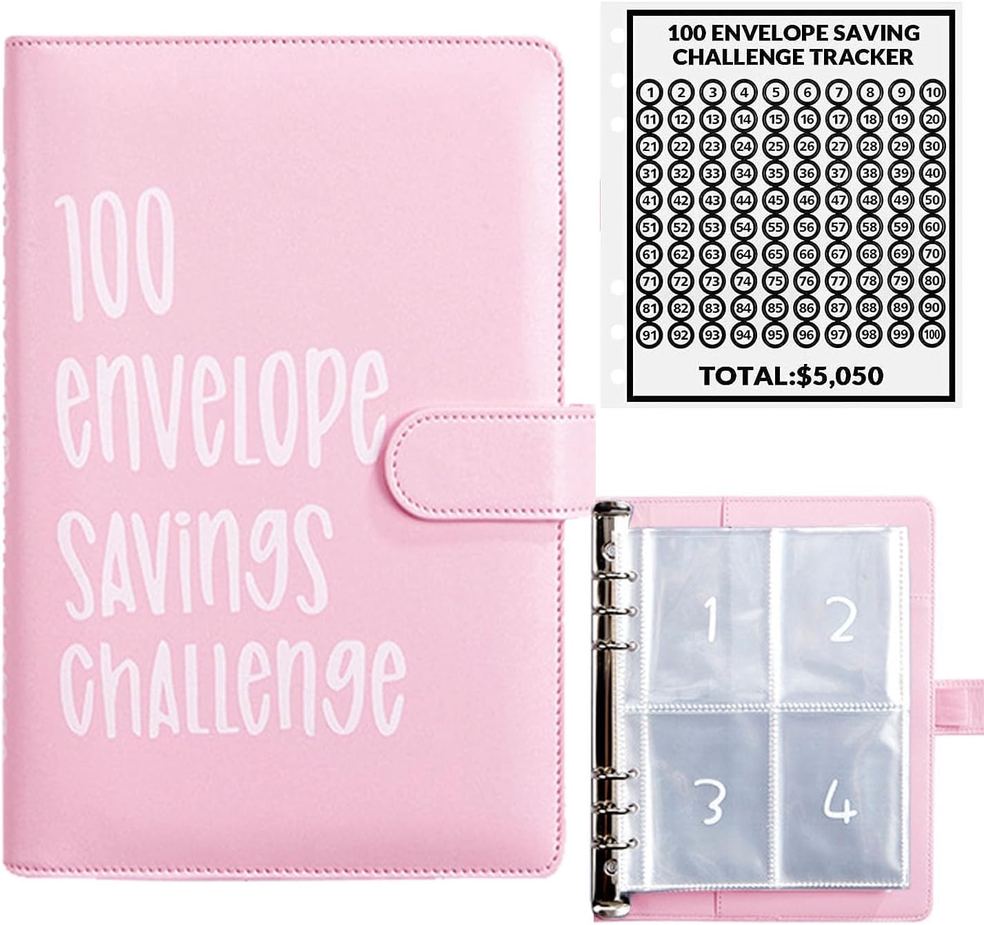 100 Envelopes Money Saving Challenge, 100 Envelope Challenge Binder, Easy and Fun Way to save $5,050, Savings Challenges Budget Book Binder with Cash Envelopes for Office,Home,School 