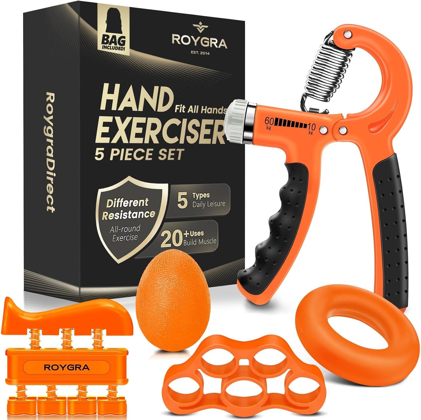 Hand Grip Strengthener, Adjustable Grip Strength Trainer with 4 Exercise Tools - Set of 5