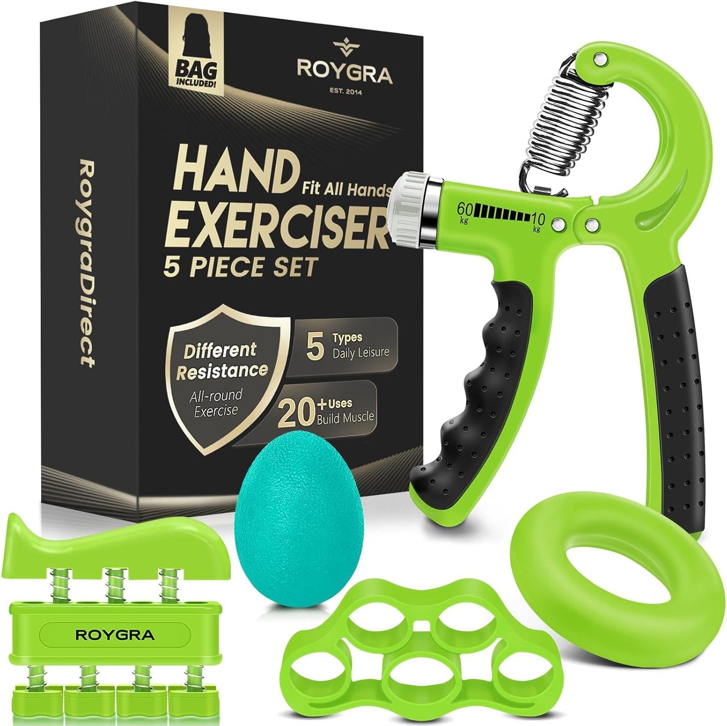 Hand Grip Strengthener, Adjustable Grip Strength Trainer with 4 Exercise Tools - Set of 5