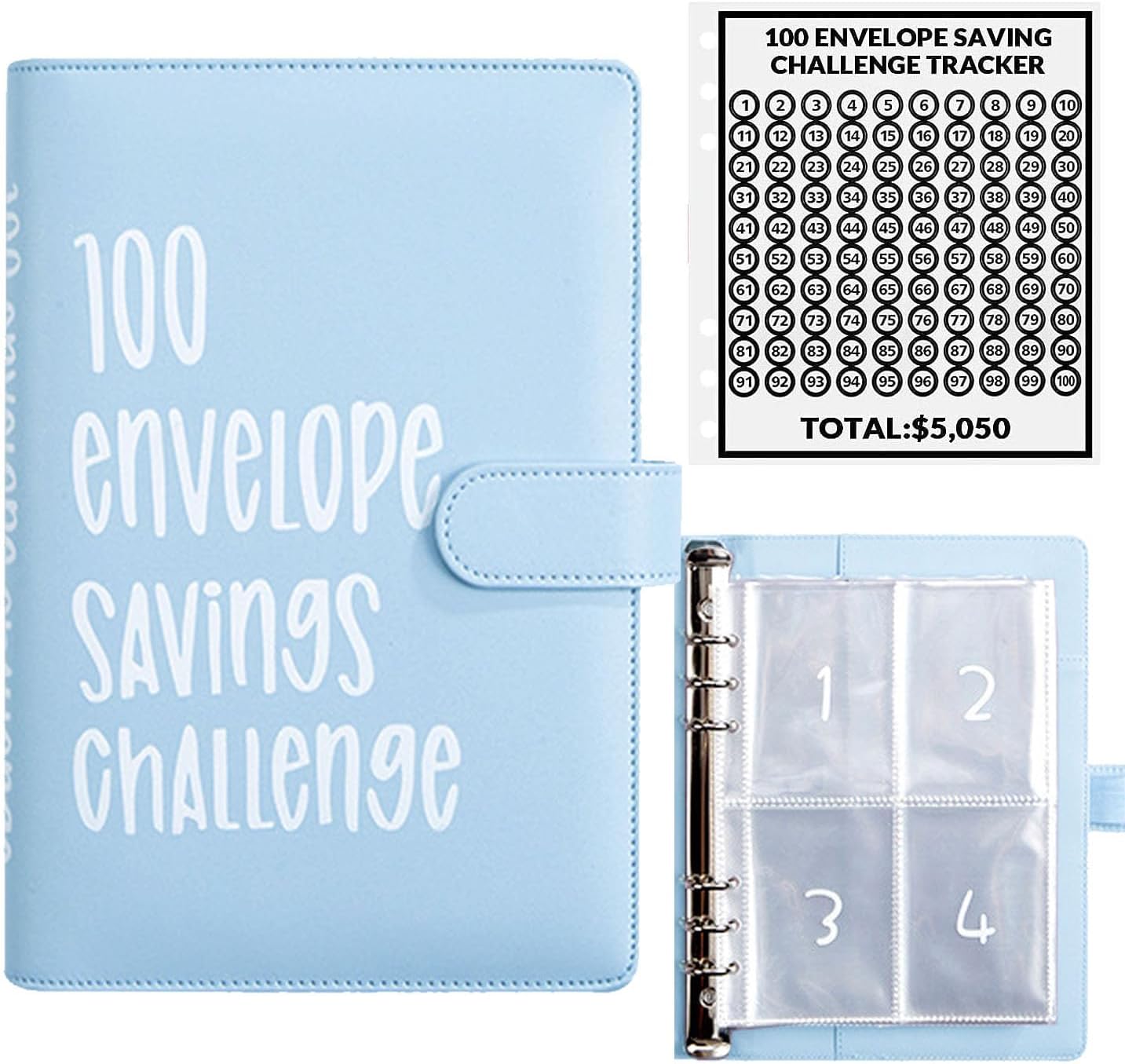 100 Envelopes Money Saving Challenge, 100 Envelope Challenge Binder, Easy and Fun Way to save $5,050, Savings Challenges Budget Book Binder with Cash Envelopes for Office,Home,School 