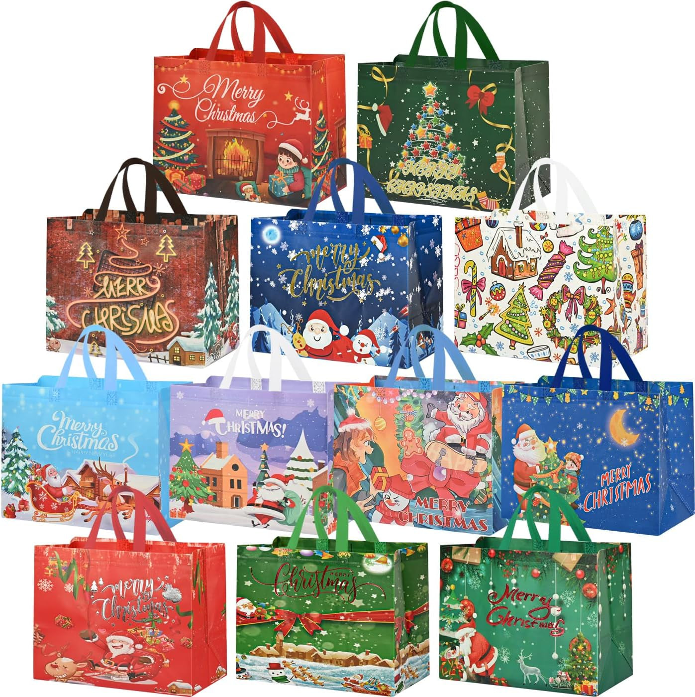 12 Pack Large Christmas Gift Bags,Reusable Christmas Tote Bags with Handles,12.6"X9.8"X6.7" Holiday Gift Bag for Xmas Party Favor