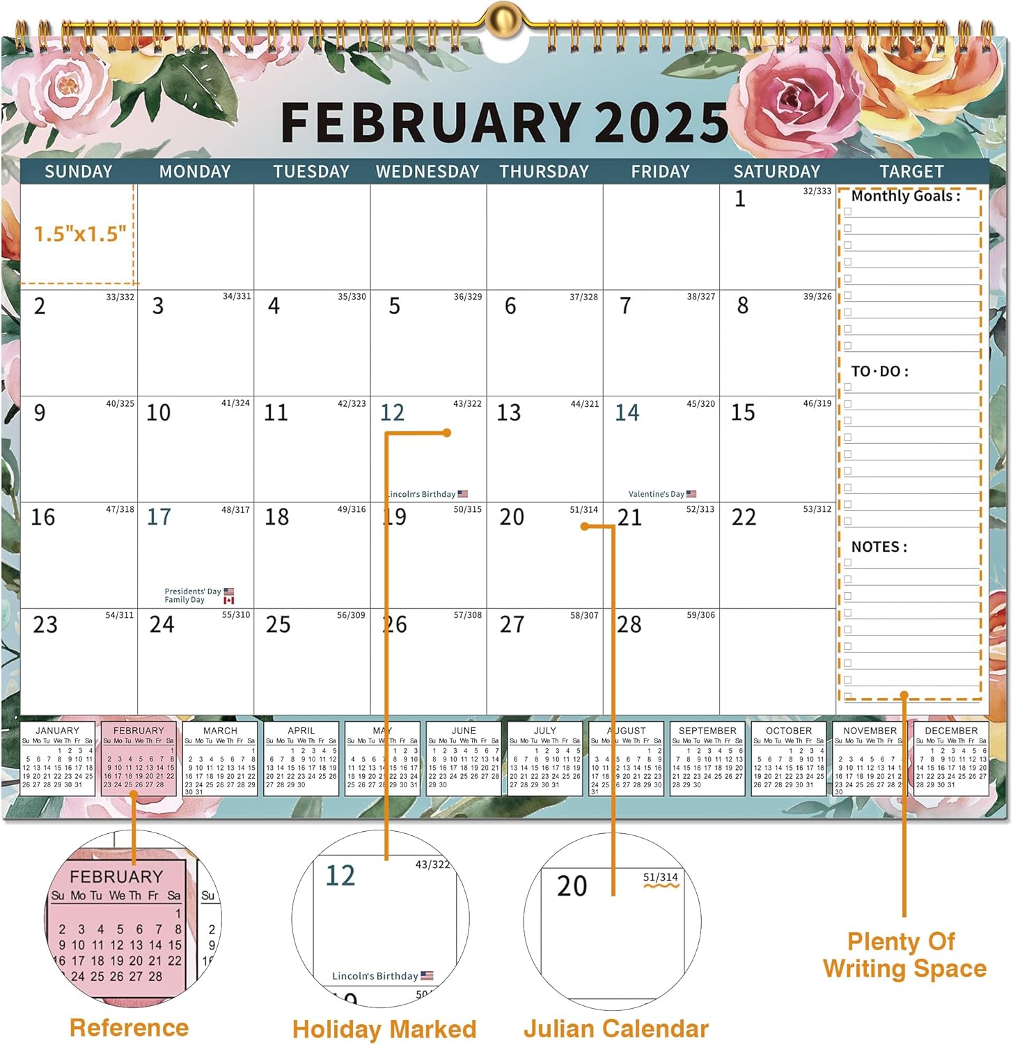 2025 Calendar, 18 Month Wall Calendar 2025-2026 Hanging Spiral Bound Magnetic Fridge Desk Calendars 15" X 12", Jan 2025 - Jun 2026