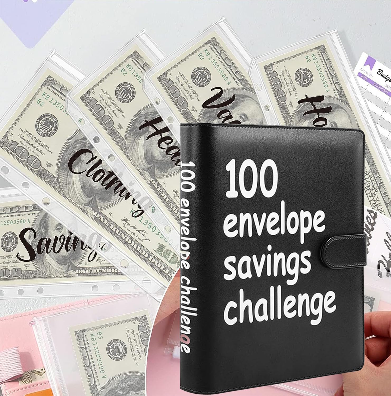 100 Envelopes Money Saving Challenge, 100 Envelope Challenge Binder, Easy and Fun Way to save $5,050, Savings Challenges Budget Book Binder with Cash Envelopes for Office,Home,School 