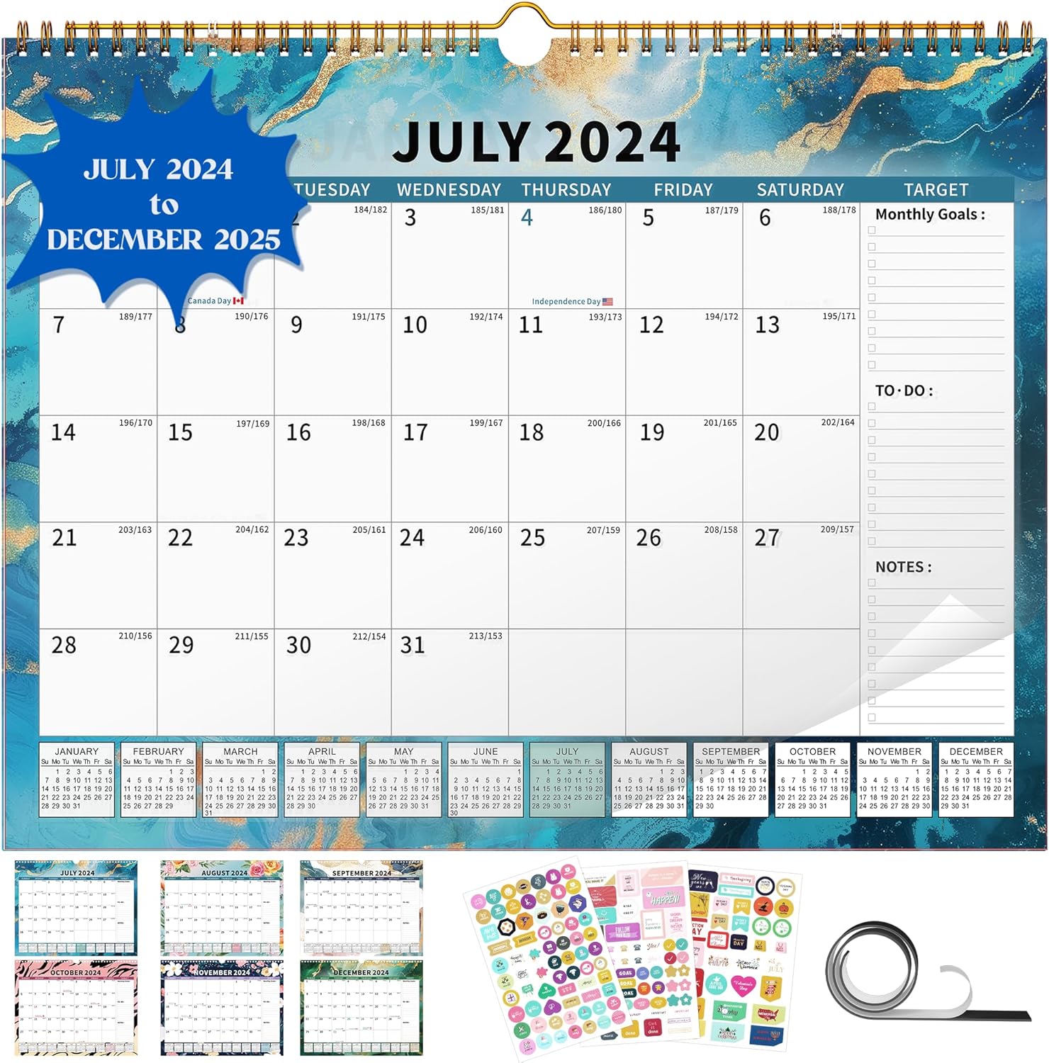 2025 Calendar, 18 Month Wall Calendar 2025-2026 Hanging Spiral Bound Magnetic Fridge Desk Calendars 15" X 12", Jan 2025 - Jun 2026