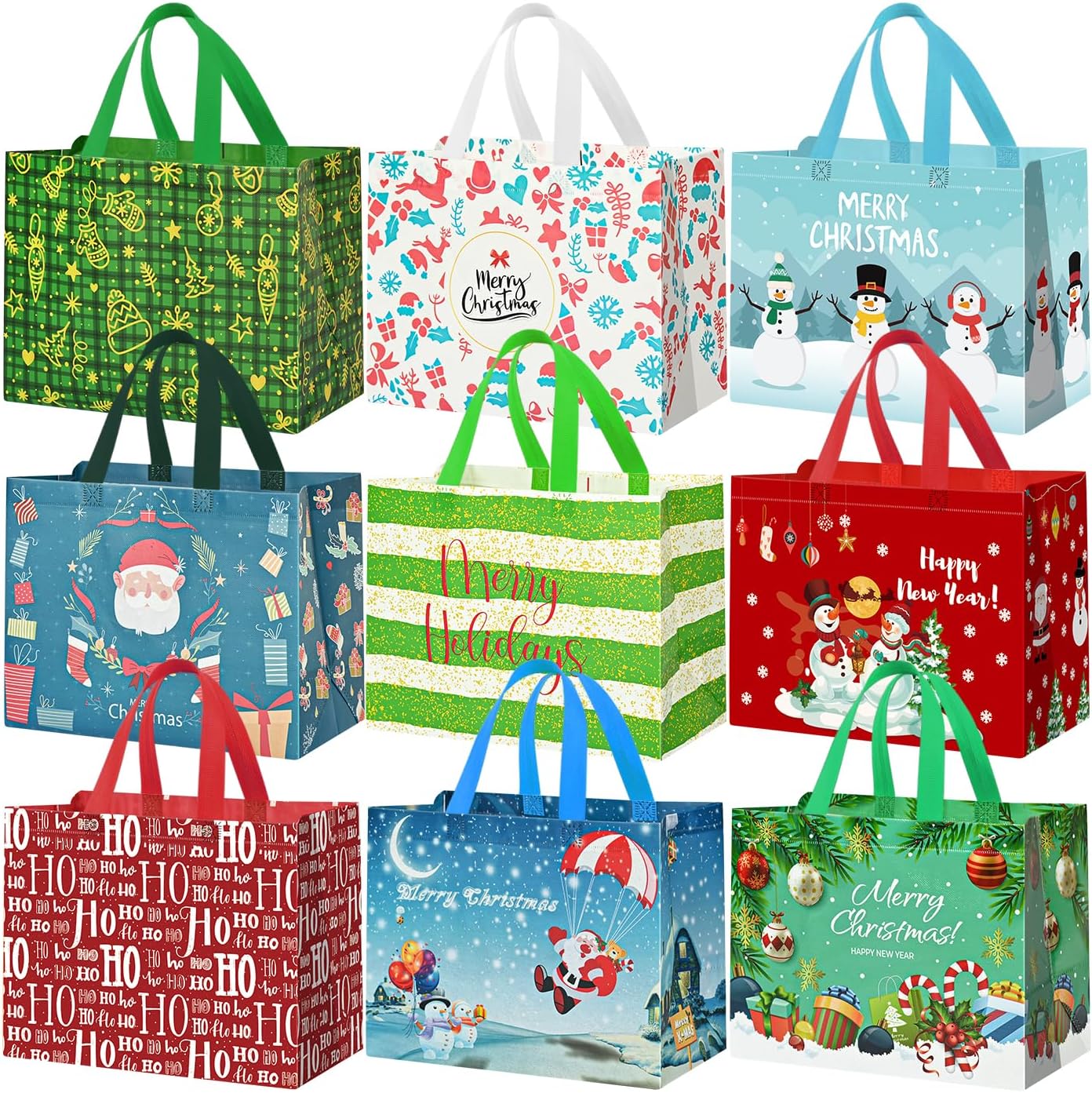 12 Pack Large Christmas Gift Bags,Reusable Christmas Tote Bags with Handles,12.6"X9.8"X6.7" Holiday Gift Bag for Xmas Party Favor