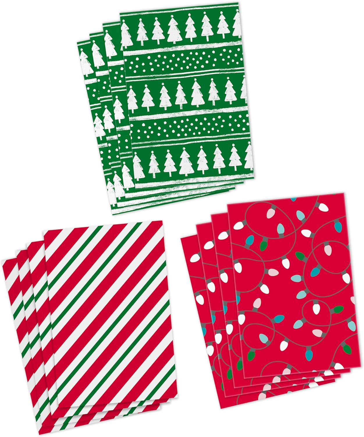  Christmas Gift Boxes with Lids (12 Shirt Boxes, 3 Designs: Lights, Trees, Red and Green Stripes) for Christmas, Holiday Parties, Hostess Gifts