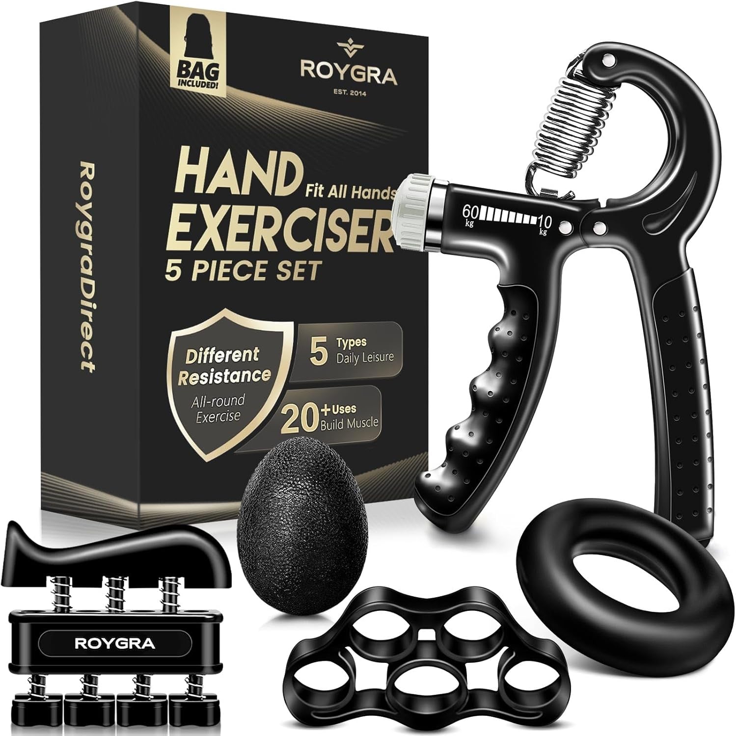 Hand Grip Strengthener, Adjustable Grip Strength Trainer with 4 Exercise Tools - Set of 5