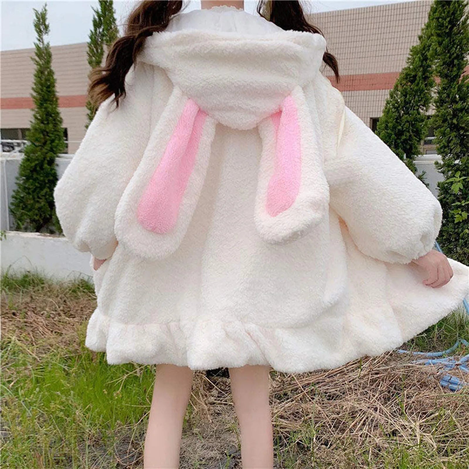 Kawaii Bunny Ear Hoodies Women Winter Warm Lambswool Oversized Sweatshirt Cute Bunny Ears Long Sleeve Zip up Hooded Fleece Jacket