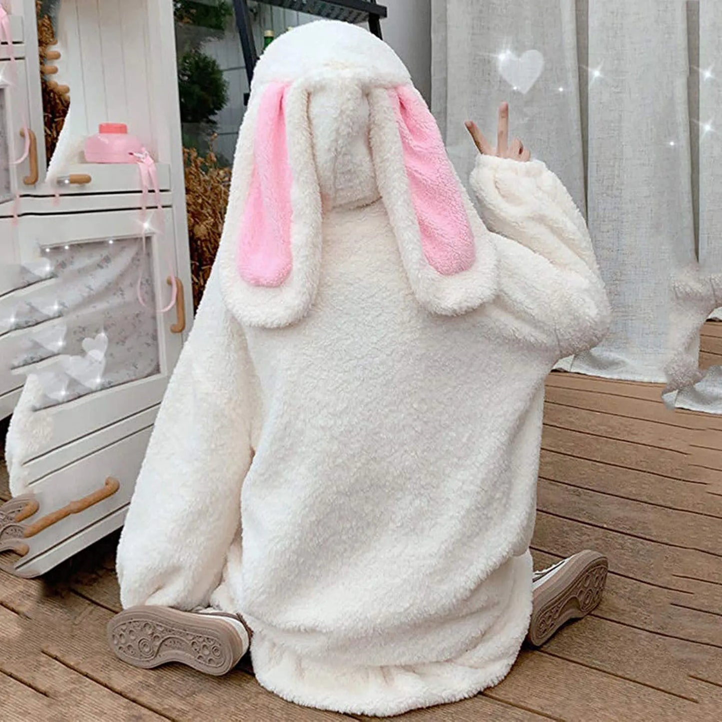 Kawaii Bunny Ear Hoodies Women Winter Warm Lambswool Oversized Sweatshirt Cute Bunny Ears Long Sleeve Zip up Hooded Fleece Jacket