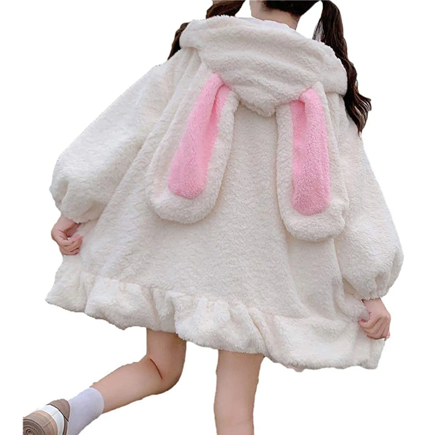 Kawaii Bunny Ear Hoodies Women Winter Warm Lambswool Oversized Sweatshirt Cute Bunny Ears Long Sleeve Zip up Hooded Fleece Jacket