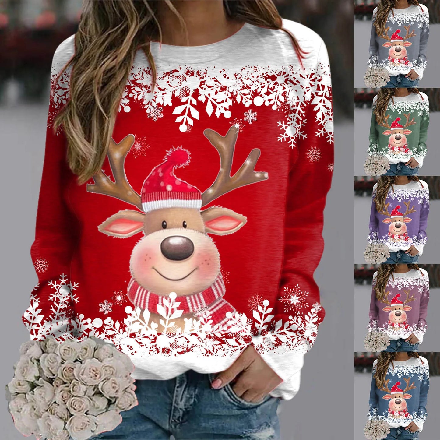 Women Christmas Cute Deer Hoodie Long Sleeve Fashion Christmas Costumes Winter and Autumn Pullover Tops Hoodless Sweatshirts