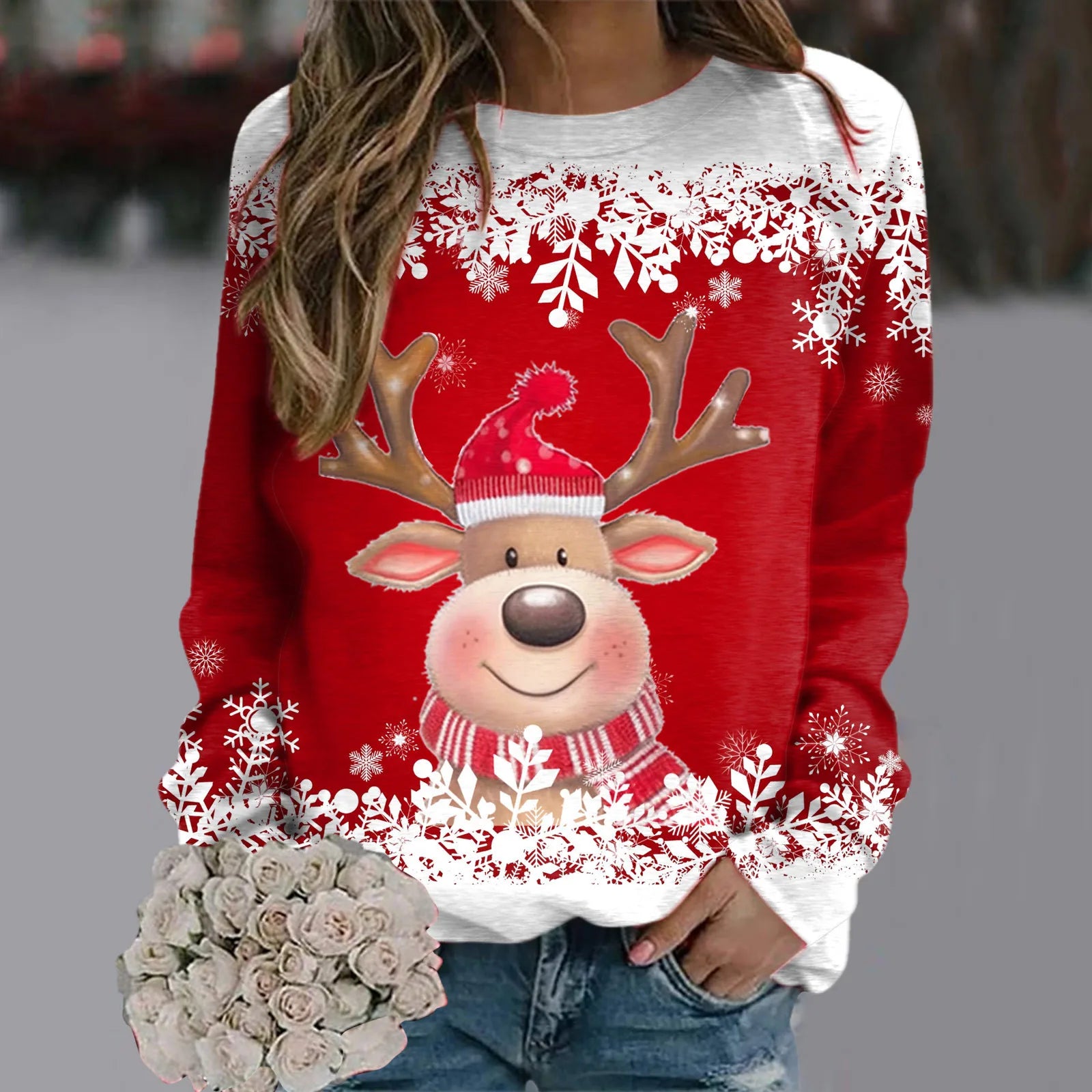 Women Christmas Cute Deer Hoodie Long Sleeve Fashion Christmas Costumes Winter and Autumn Pullover Tops Hoodless Sweatshirts