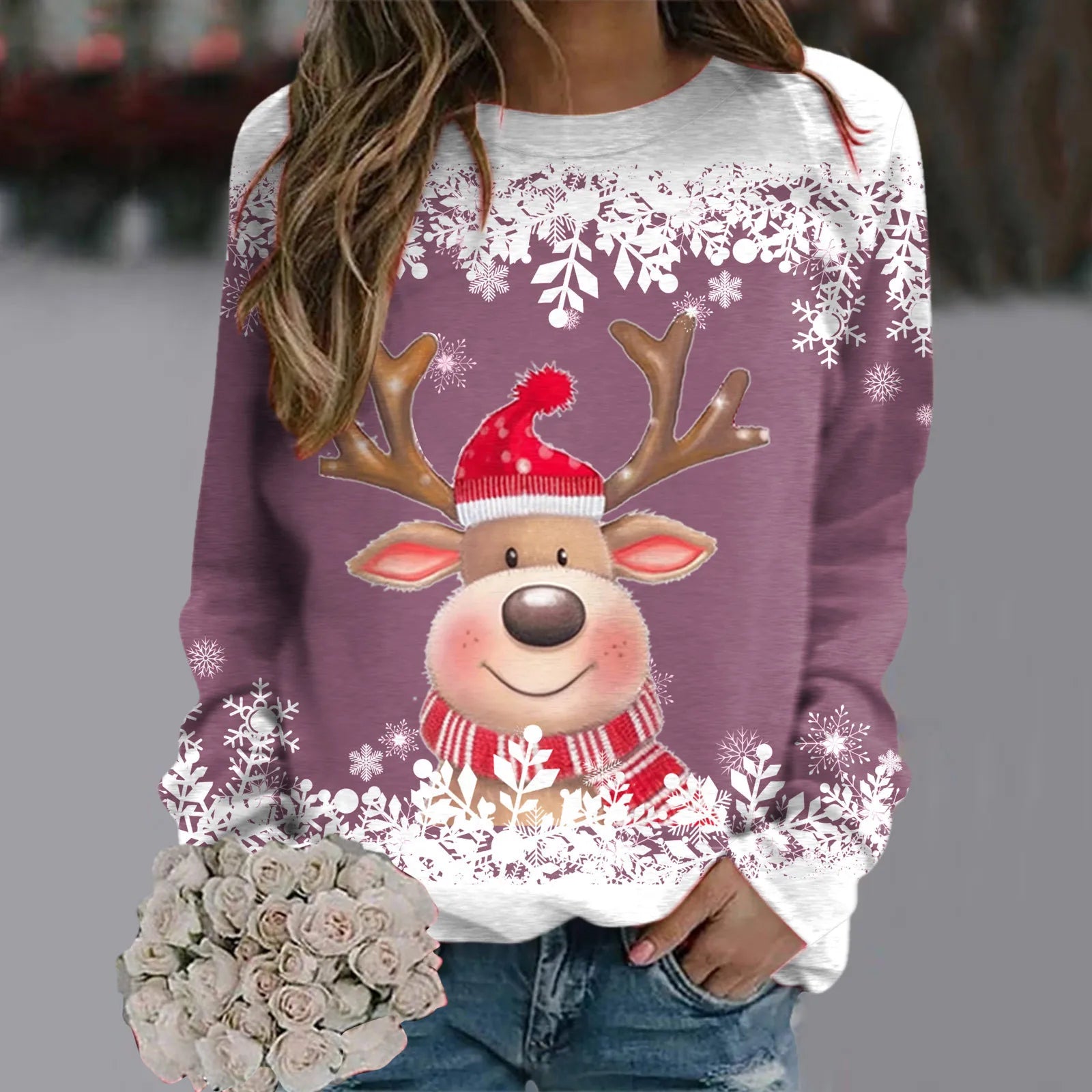 Women Christmas Cute Deer Hoodie Long Sleeve Fashion Christmas Costumes Winter and Autumn Pullover Tops Hoodless Sweatshirts