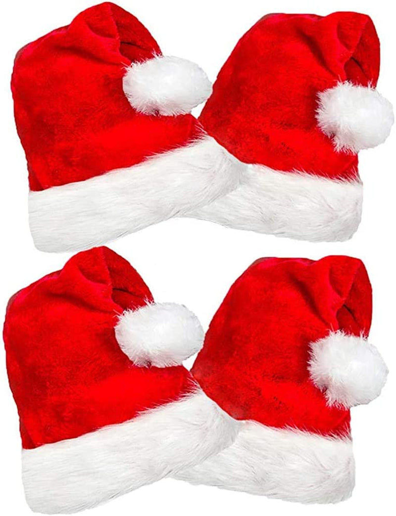 4 Pack Plush Santa Hats, Christmas Santa Hats for Christmas Party, Adult Size Christmas Holiday Hat for Unisex Kids Party Supplies